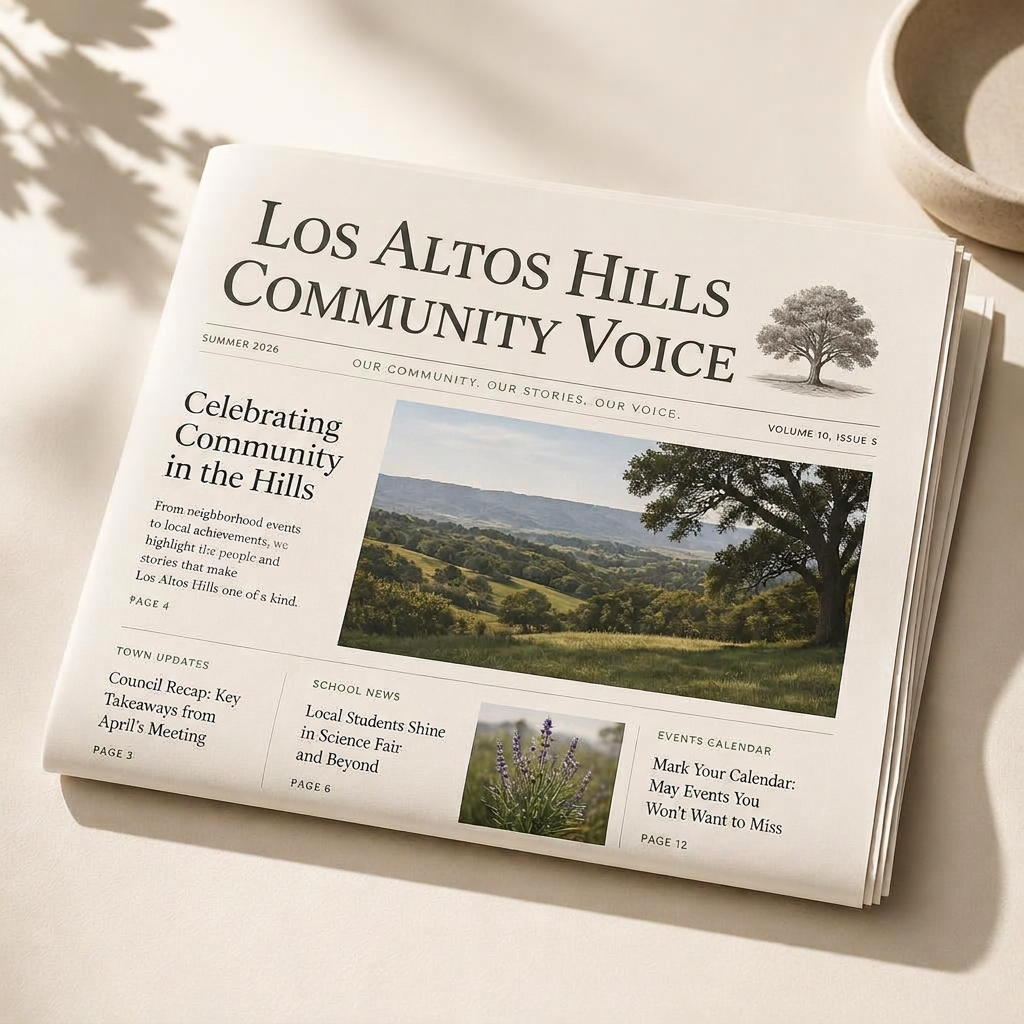 3D mockup of the Los Altos Hills Community Voice printed newsletter