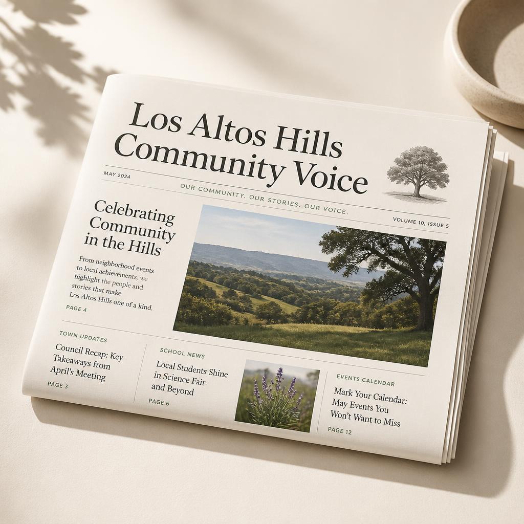 3D mockup of the Los Altos Hills Community Voice printed newsletter